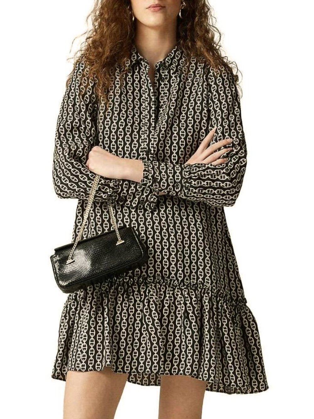 New J.Crew Amelia Chain Print Viscose Mini Shirtdress Black Beige XS